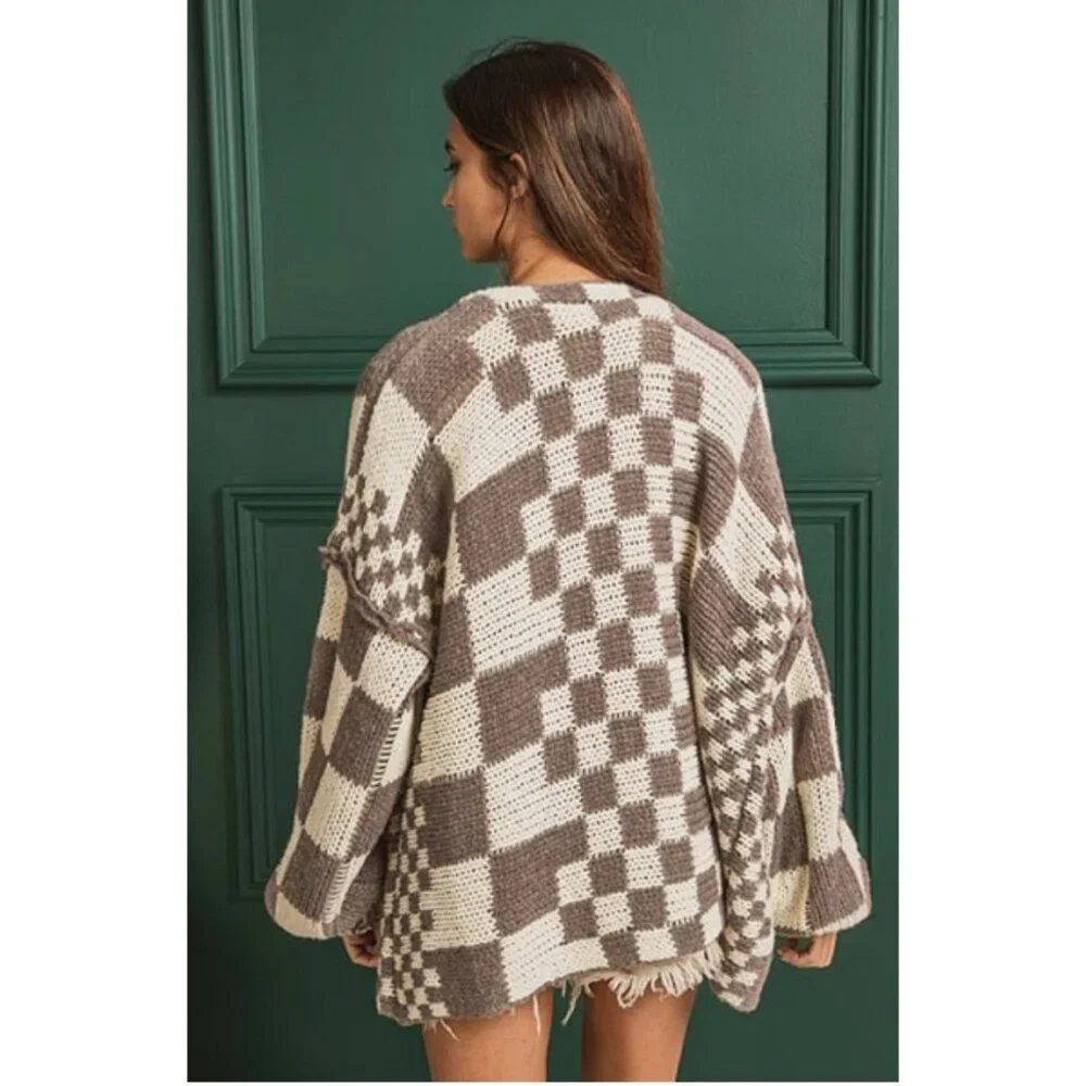 1X Talulah Check Cardigan Sweater Oversize Balloon Sleeve Taupe Cream Boutique - Picture 7 of 9
